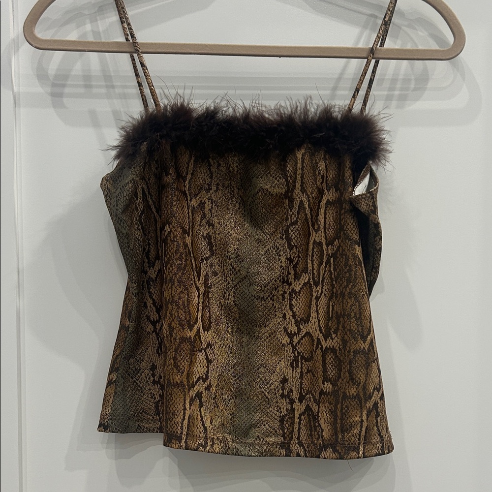 Snake-Print Brown Tank Top with Faux Fur Trim RAVE CITY